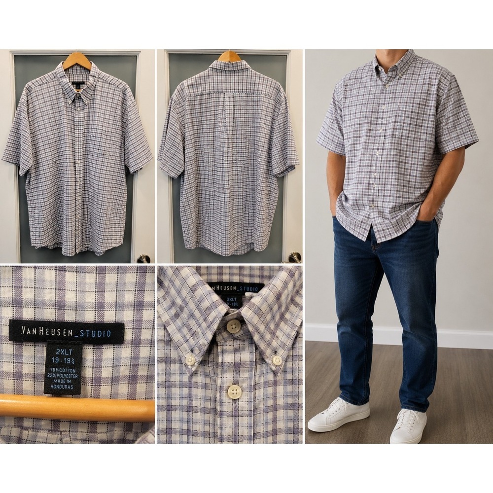 Van Heusen Studio Men's 2XLT Purple Plaid Button Down Short Sleeve Shirt Tall